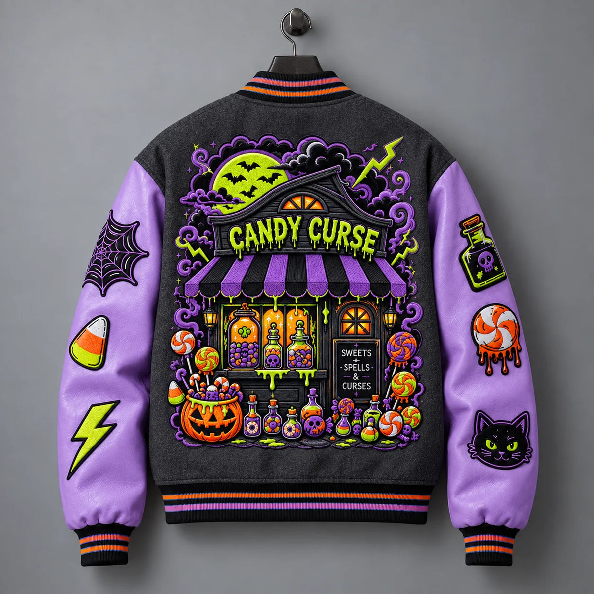 Back hanger view of Candy Curse varsity jacket with haunted sweets shop, green moon, bats and potion bottle artwork