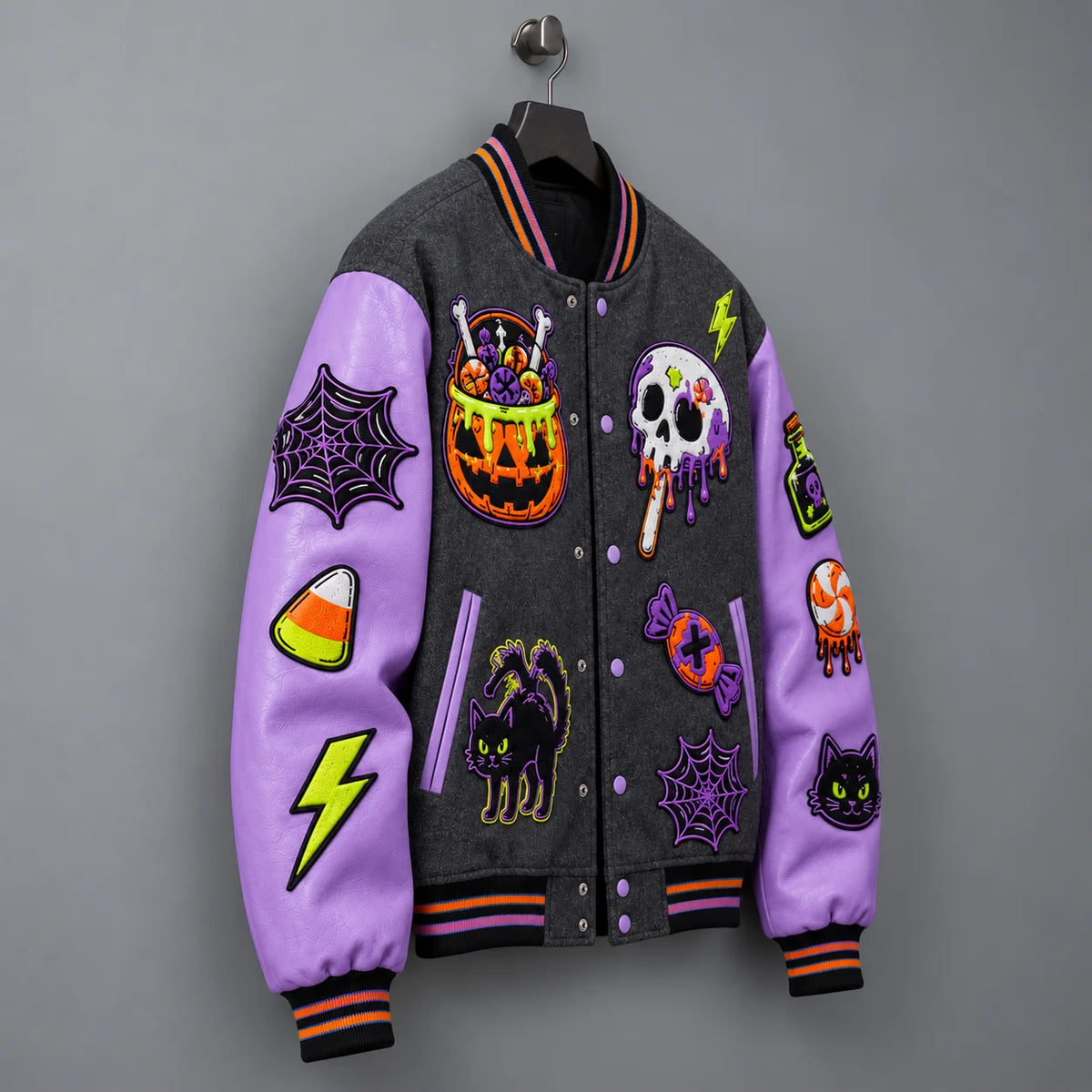 Side angle of Halloween varsity jacket showing lavender sleeve, spider web, candy corn and lightning patches