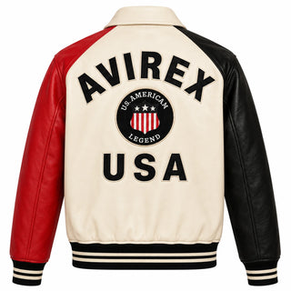 Back view of cream leather varsity jacket with red and black sleeves, large USA lettering and embroidered crest