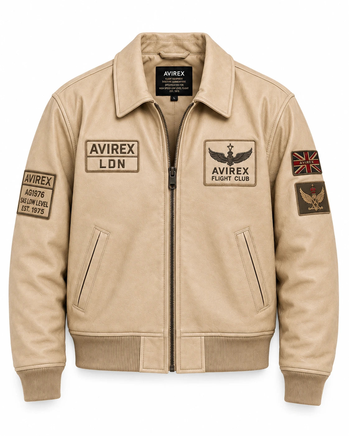Front view of cream leather flight jacket with aviation chest patches, angled pockets, zip closure and ribbed hem