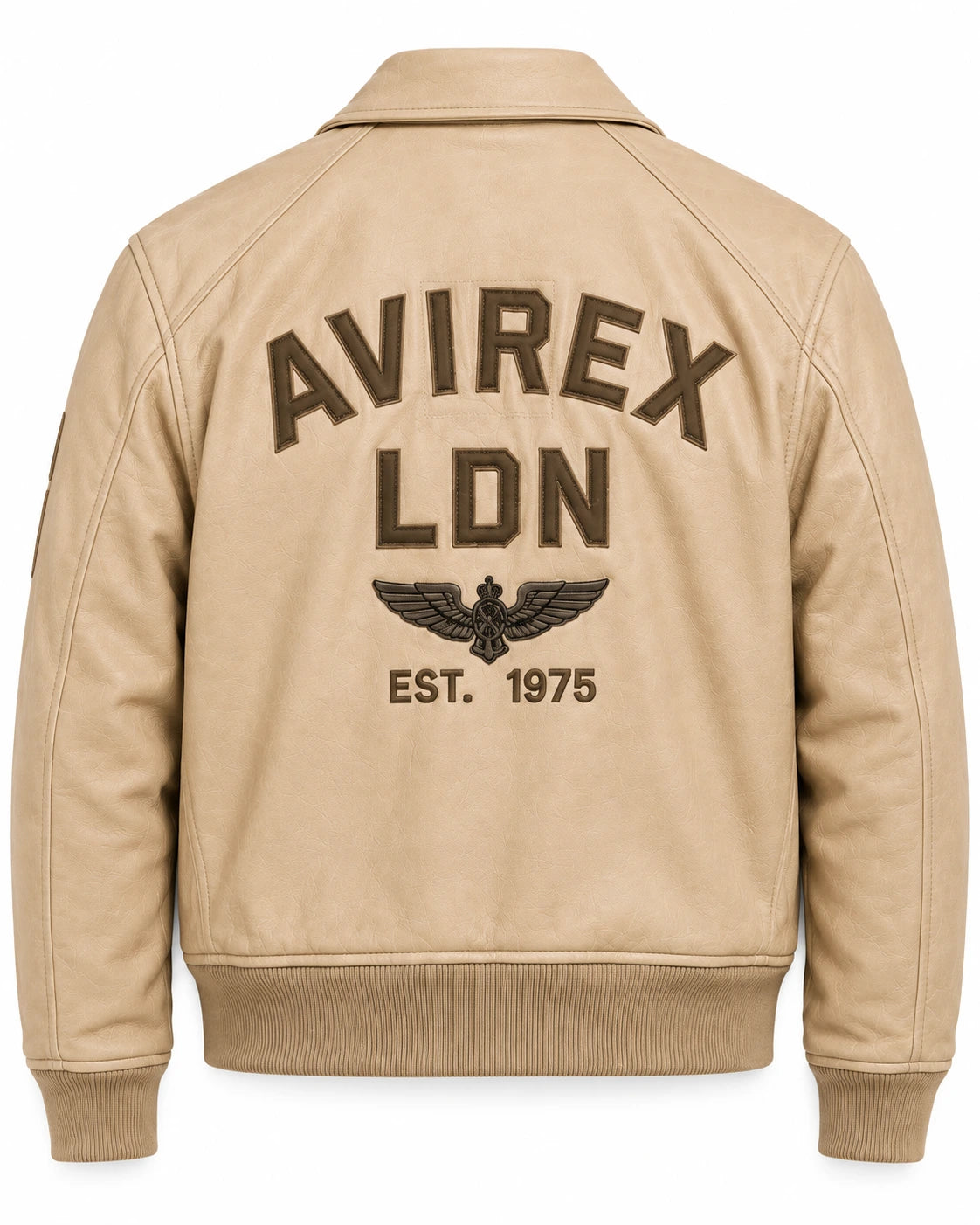 Back view of cream leather flight bomber jacket with brown LDN lettering, wing emblem and ribbed waistband