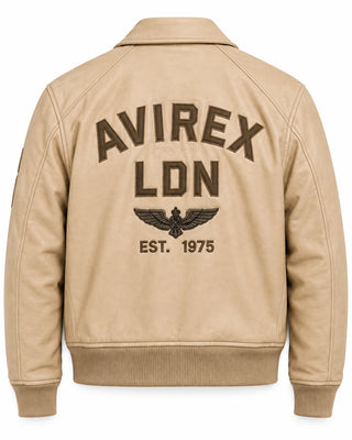 Back view of cream leather flight bomber jacket with brown LDN lettering, wing emblem and ribbed waistband