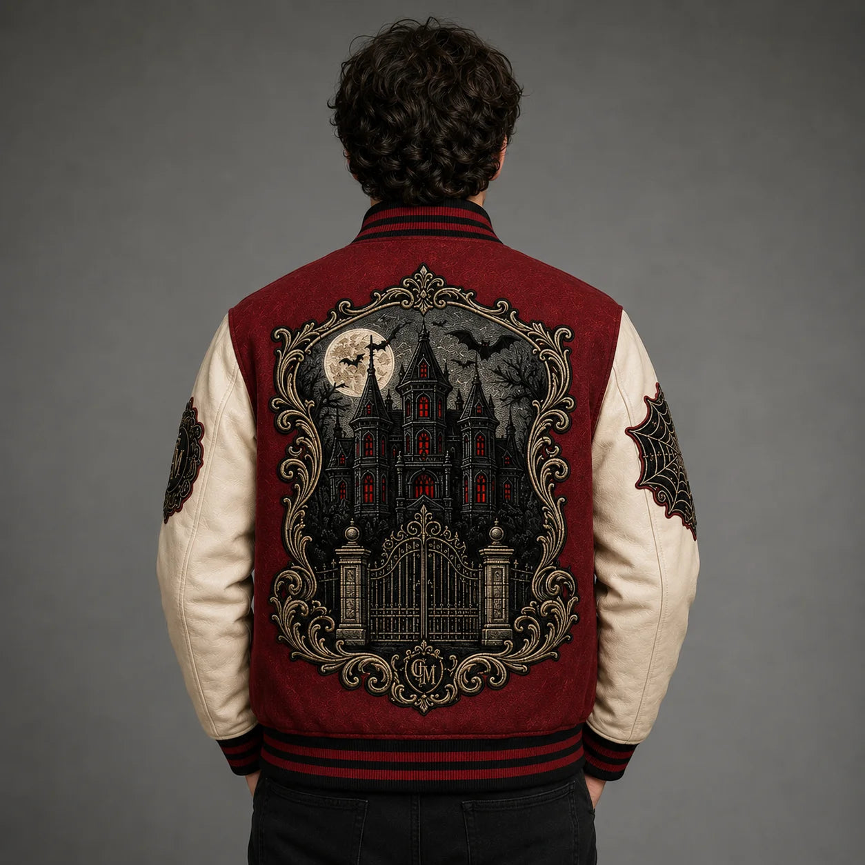 Back view of Crimson Manor Halloween Varsity Jacket featuring gothic manor embroidery