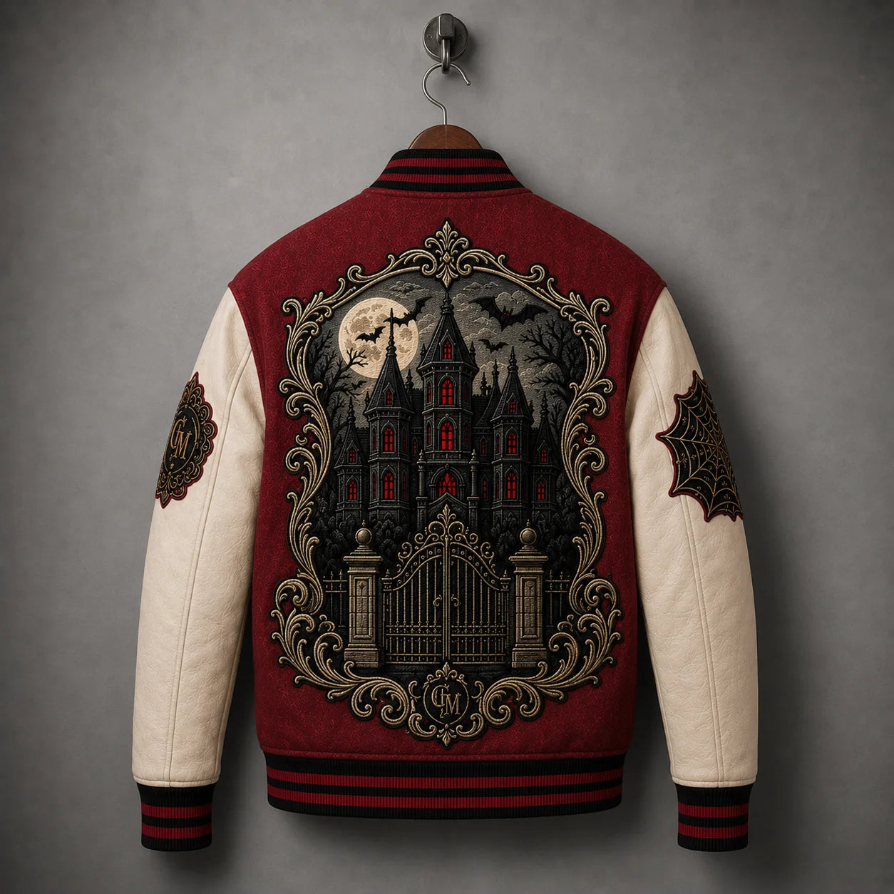 Back of Crimson Manor Halloween Varsity Jacket with haunted manor and gothic gate artwork