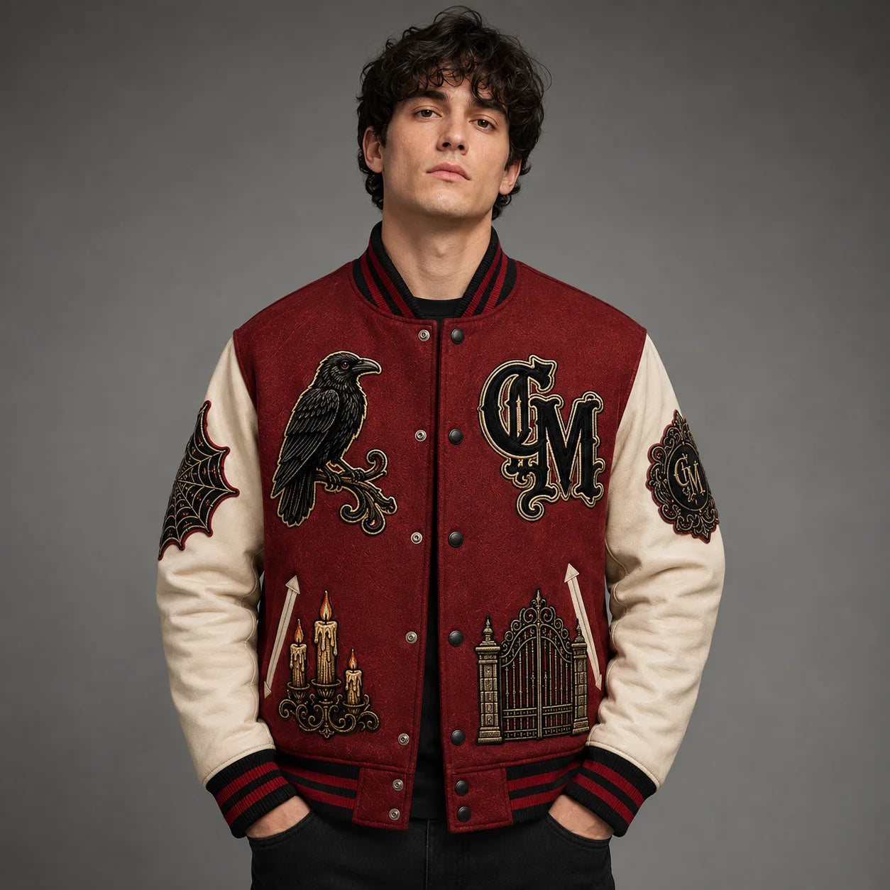 Male model wearing the Crimson Manor Halloween Varsity Jacket in a front studio view