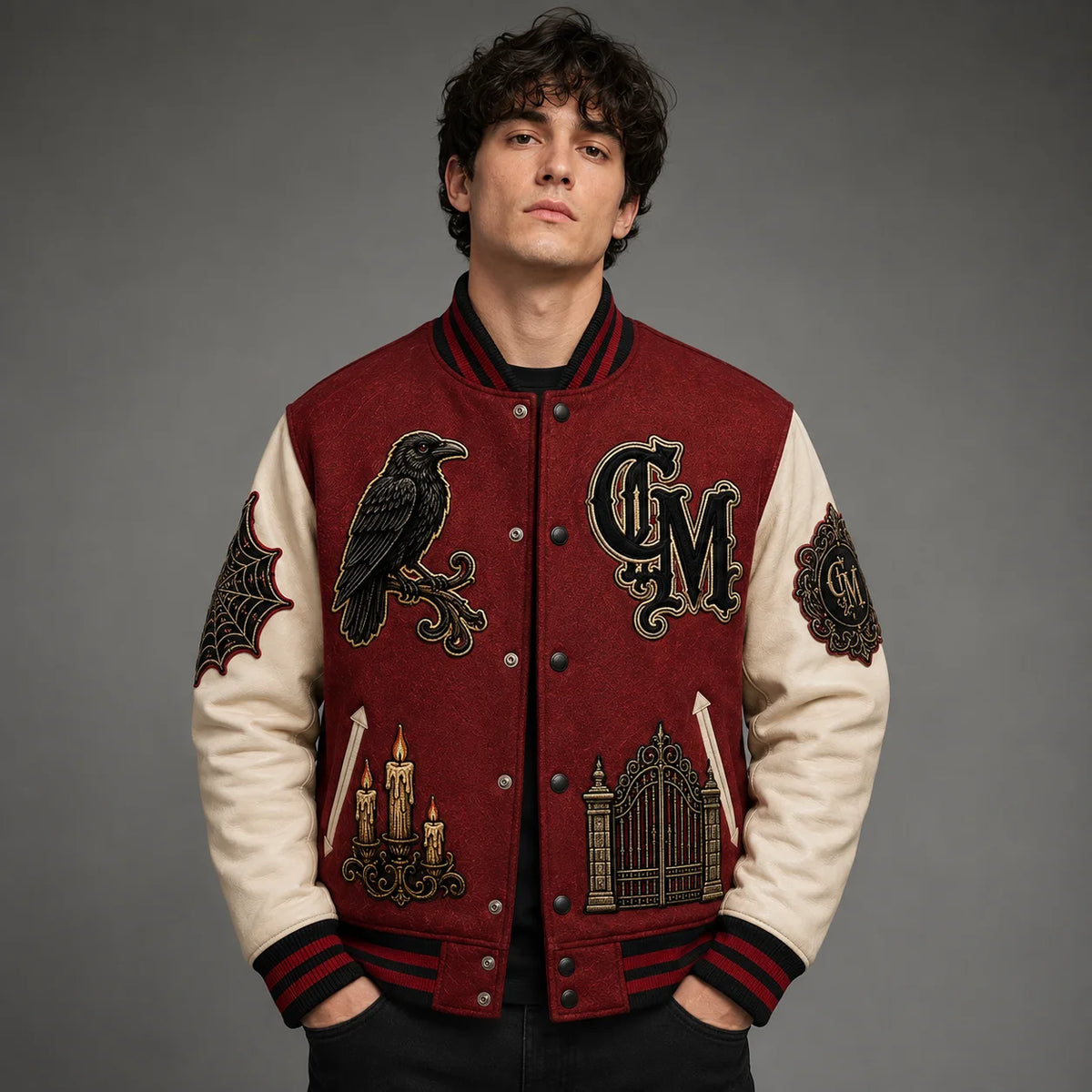 Male model wearing the Crimson Manor Halloween Varsity Jacket in a front studio view