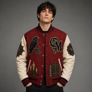 Male model wearing the Crimson Manor Halloween Varsity Jacket in a front studio view