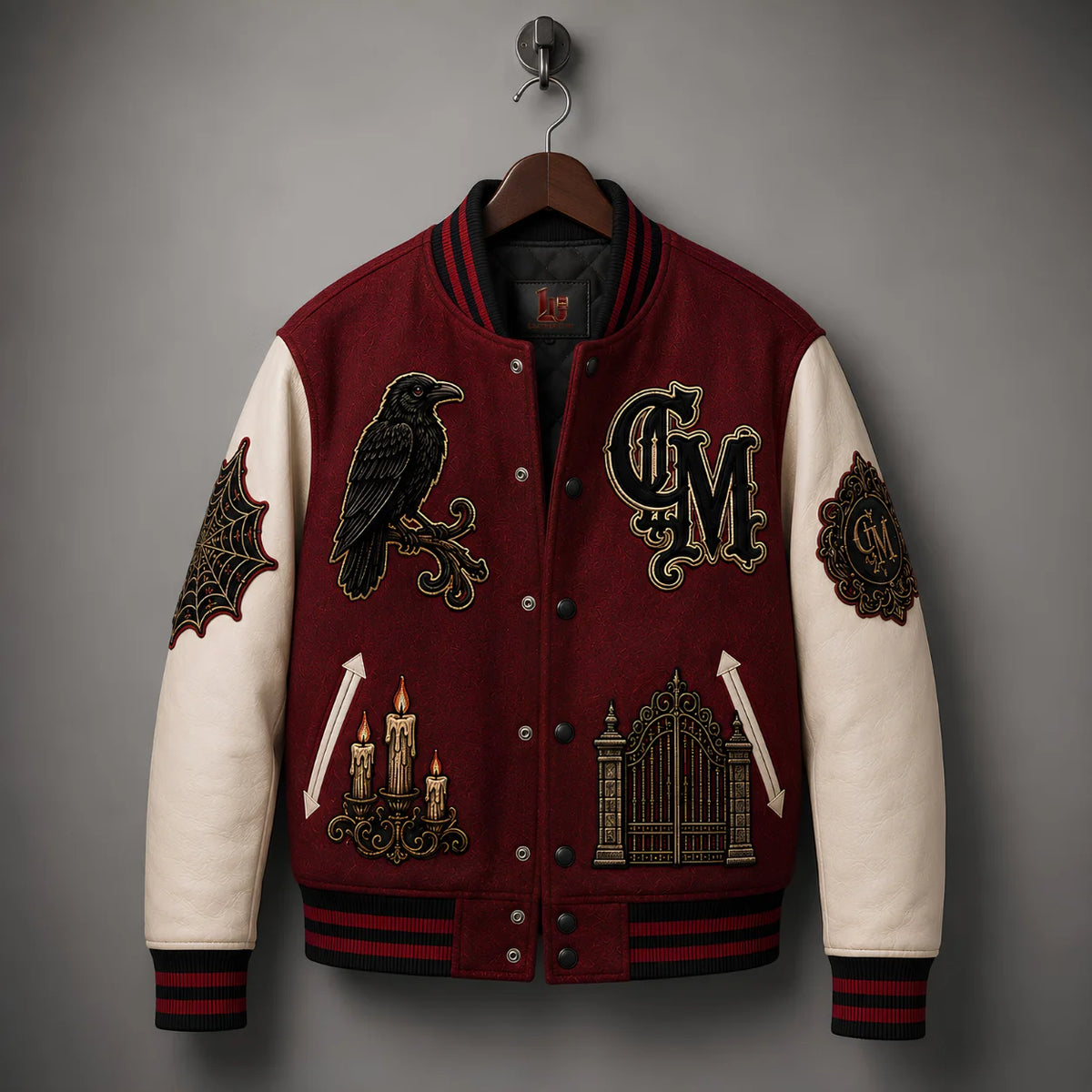 Front view of Crimson Manor Halloween Varsity Jacket with gothic embroidered patches
