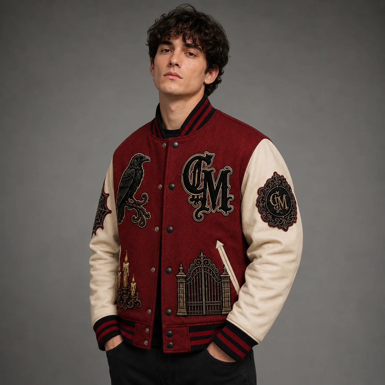 Crimson Manor Halloween Varsity Jacket on male model showing front and sleeve embroidery