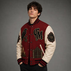 Crimson Manor Halloween Varsity Jacket on male model showing front and sleeve embroidery
