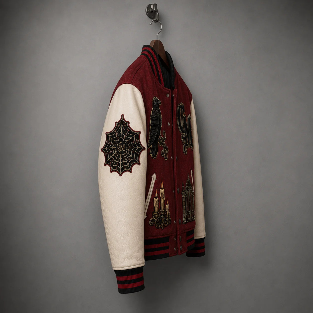 Side view of Crimson Manor Halloween Varsity Jacket showing embroidered sleeve patch details