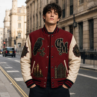 Crimson Manor Halloween Varsity Jacket worn by male model in street style front view