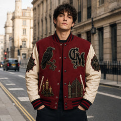 Crimson Manor Halloween Varsity Jacket worn by male model in street style front view