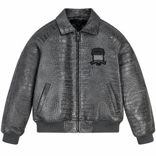 Front view of dark grey textured leather bomber jacket with zip fastening, angled pockets and chest emblem