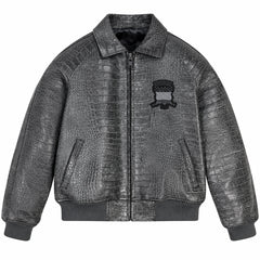Front view of dark grey textured leather bomber jacket with zip fastening, angled pockets and chest emblem