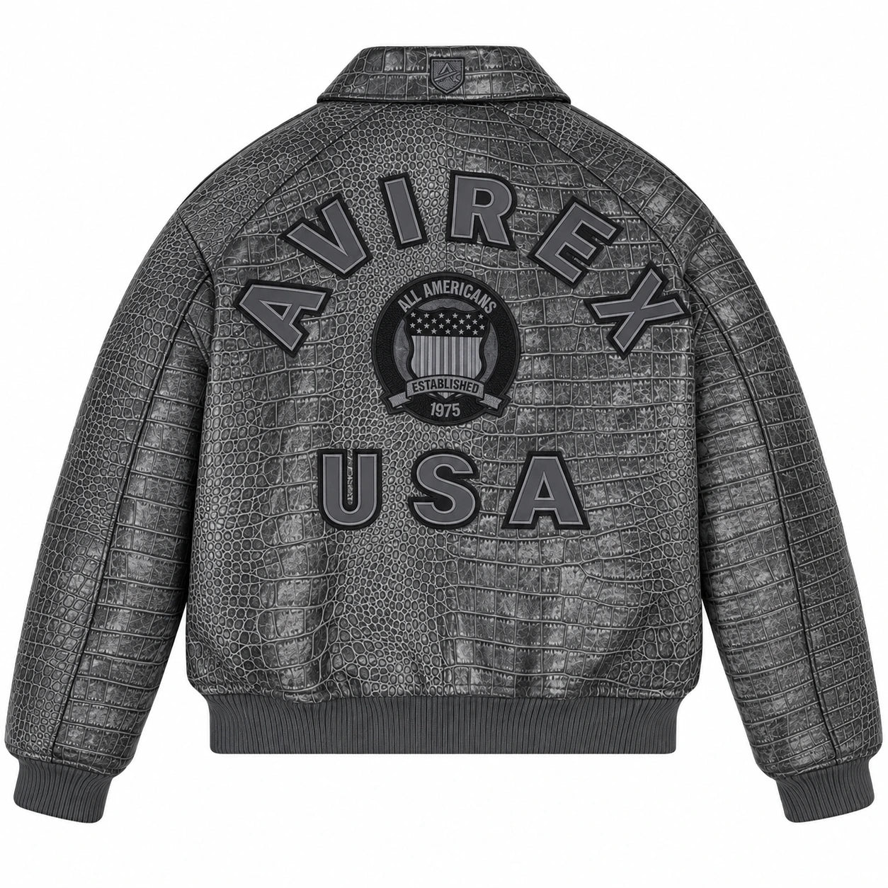 Back view of charcoal croc-embossed leather bomber with large USA lettering, emblem and ribbed waistband