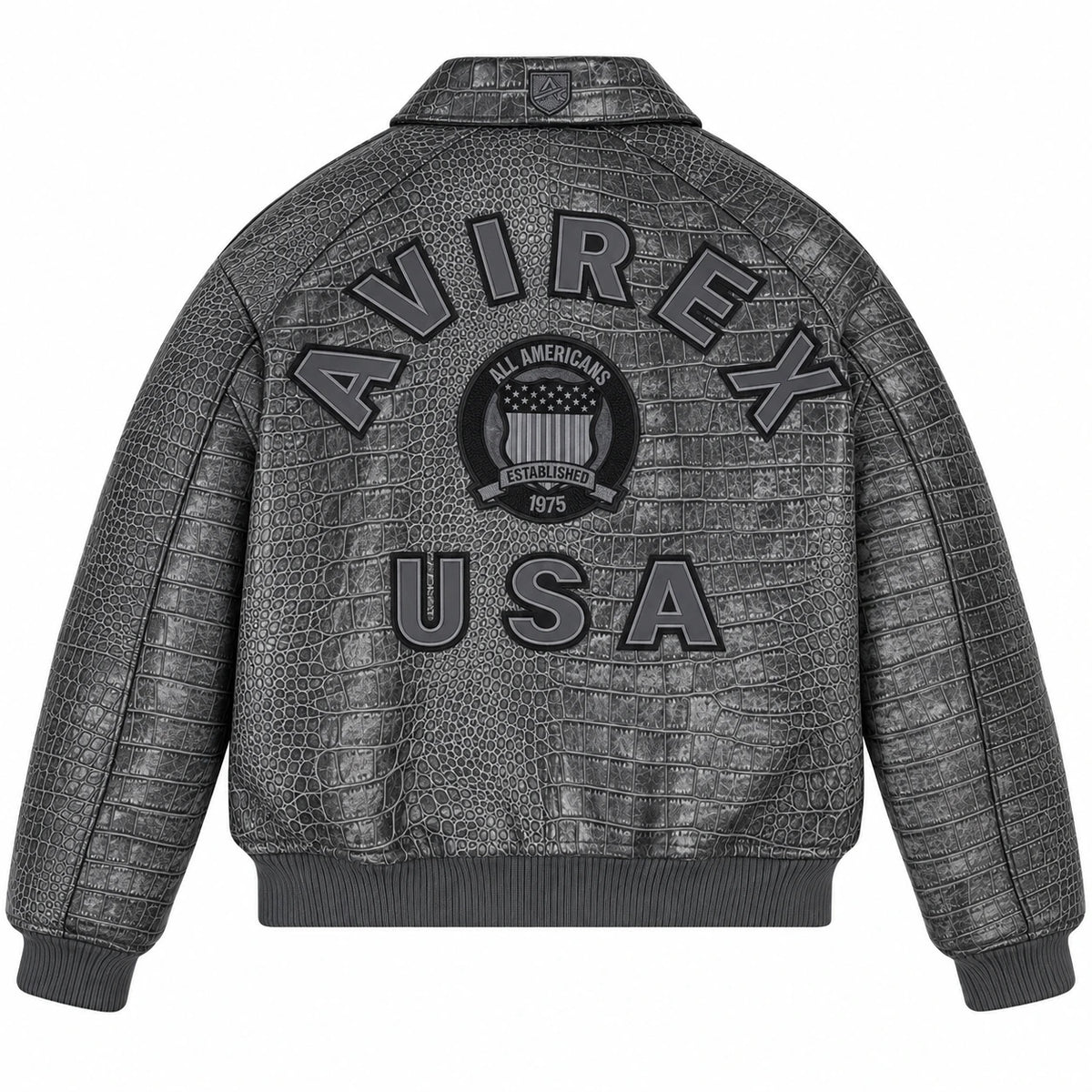 Back view of charcoal croc-embossed leather bomber with large USA lettering, emblem and ribbed waistband