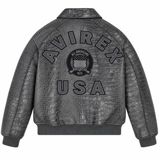 Back view of charcoal croc-embossed leather bomber with large USA lettering, emblem and ribbed waistband