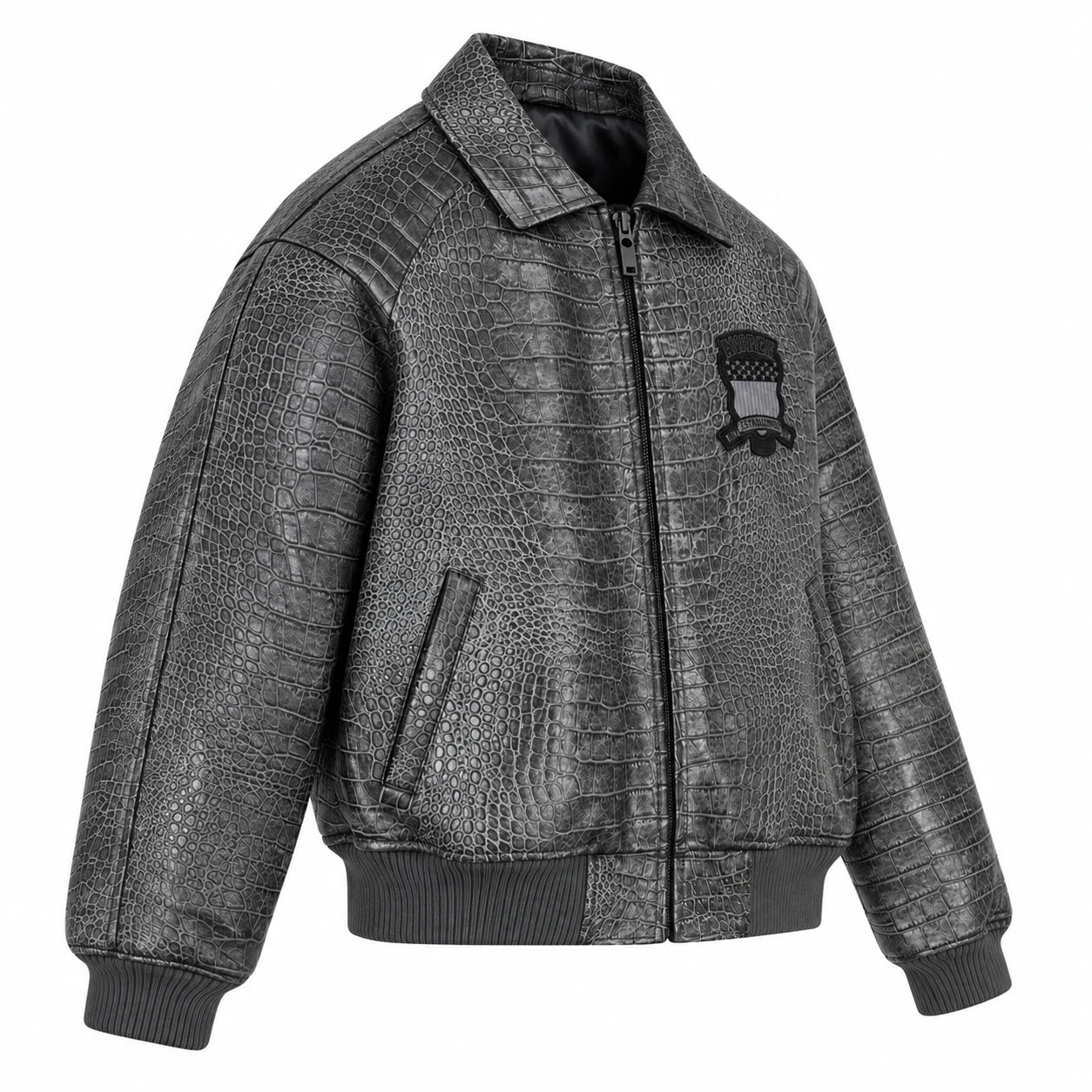 Charcoal crocodile-embossed leather bomber jacket angled front view with zip closure, collar and ribbed trims
