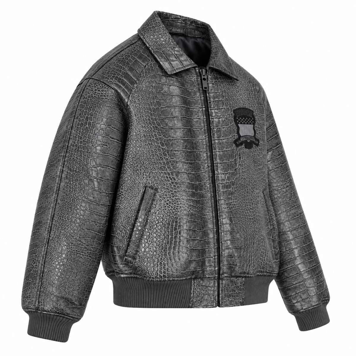 Charcoal crocodile-embossed leather bomber jacket angled front view with zip closure, collar and ribbed trims