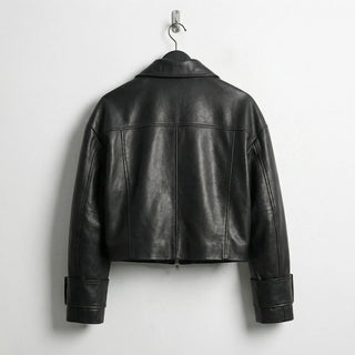 Back view of cropped black leather jacket for women
