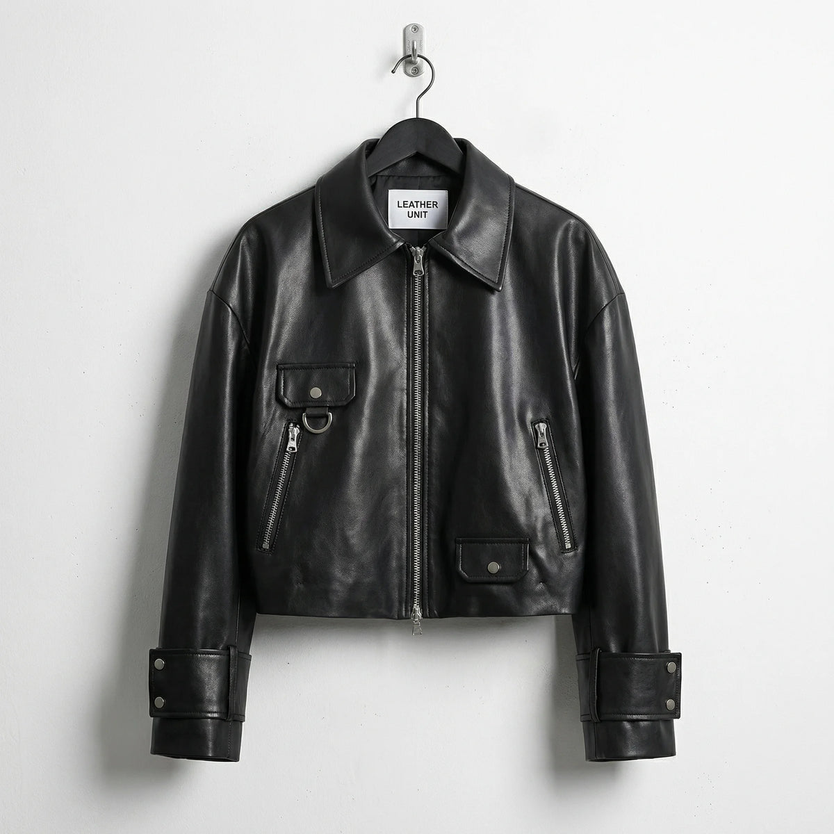 Front view of womens cropped classic black leather jacket by Leather Unit