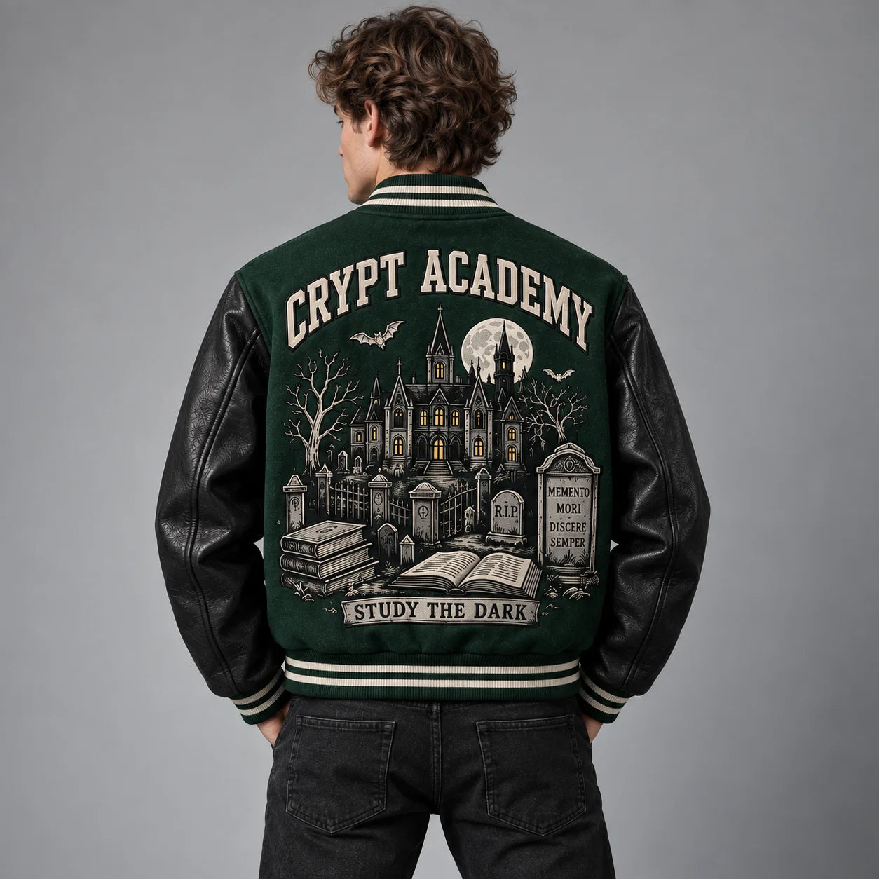 Back studio view of green gothic varsity jacket featuring Crypt Academy haunted school and graveyard artwork