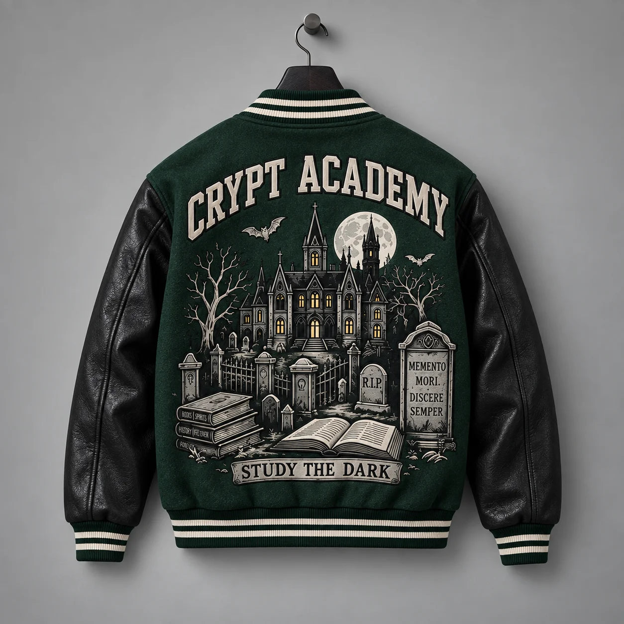 Back hanger view showing Crypt Academy gothic mansion, cemetery and Study the Dark jacket artwork