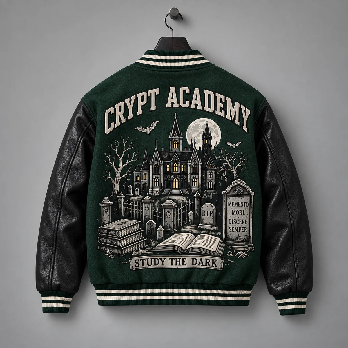 Back hanger view showing Crypt Academy gothic mansion, cemetery and Study the Dark jacket artwork