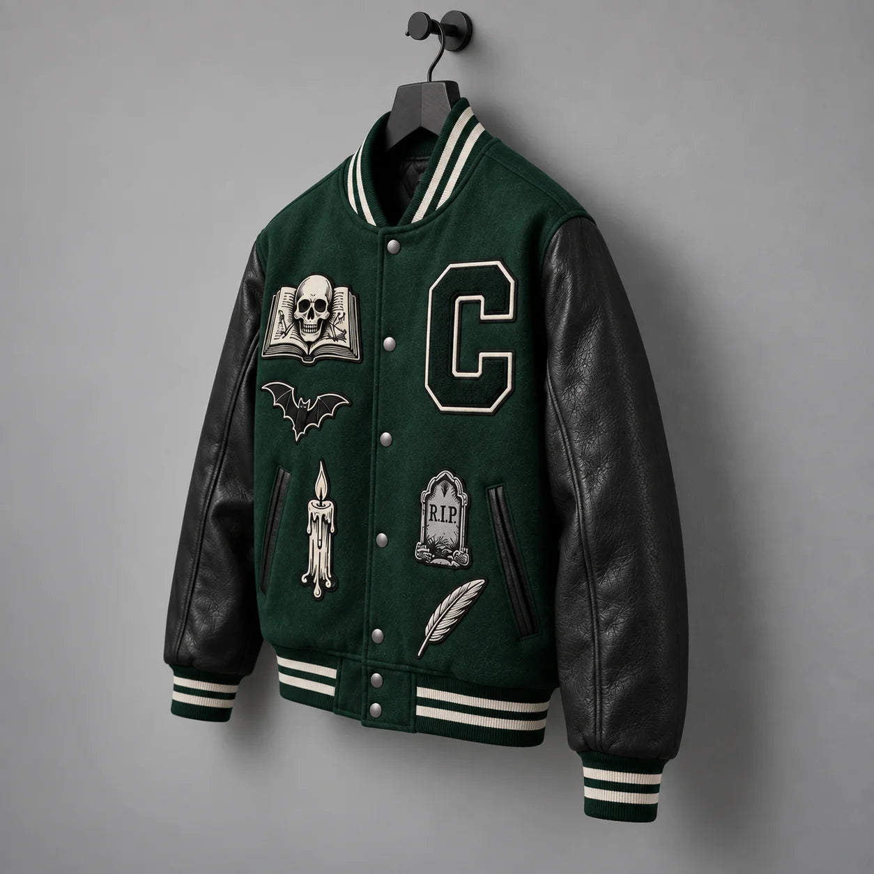 Angled product view of green Halloween letterman jacket with black leather sleeves and striped rib knit