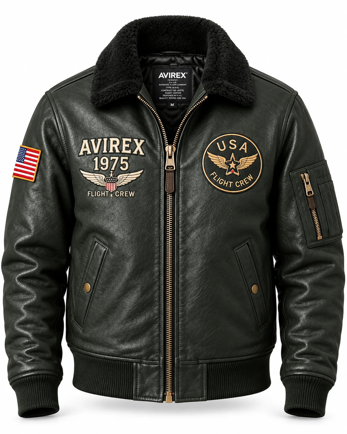 Dark olive flight bomber jacket front with plush black collar, USA patches, gold-tone zip and ribbed trims