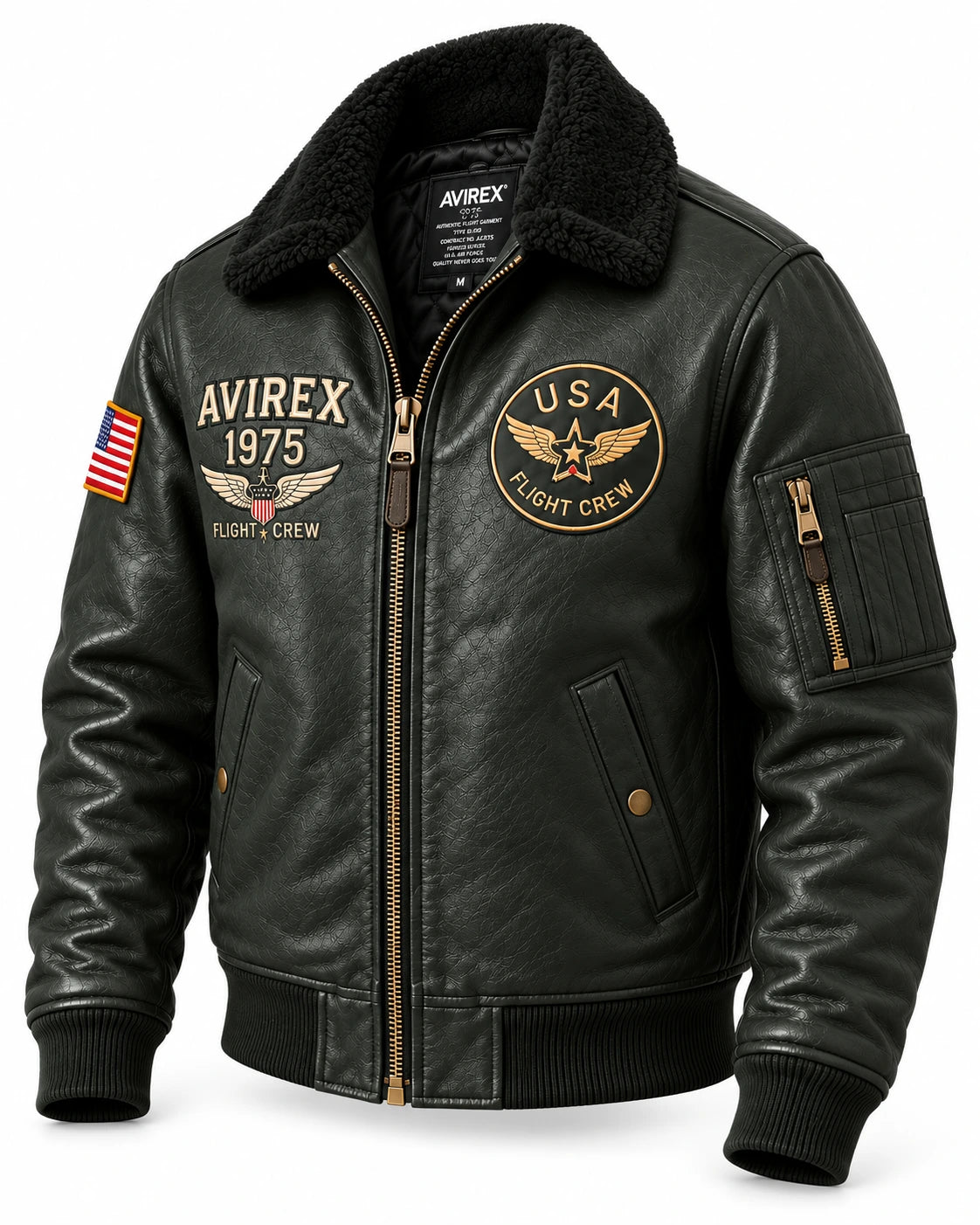 Angled view of olive aviator bomber jacket showing Flight Crew graphics, sleeve utility pocket and plush collar