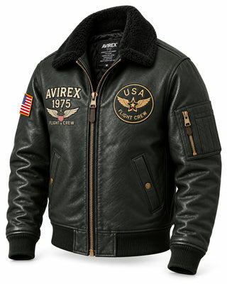 Angled view of olive aviator bomber jacket showing Flight Crew graphics, sleeve utility pocket and plush collar