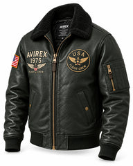 Angled view of olive aviator bomber jacket showing Flight Crew graphics, sleeve utility pocket and plush collar