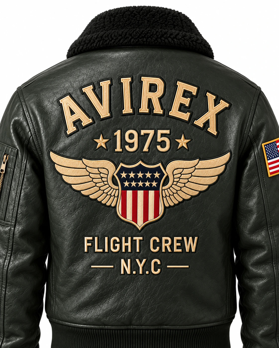 Close-up of olive bomber jacket back featuring winged USA-style shield, Flight Crew lettering and textured finish