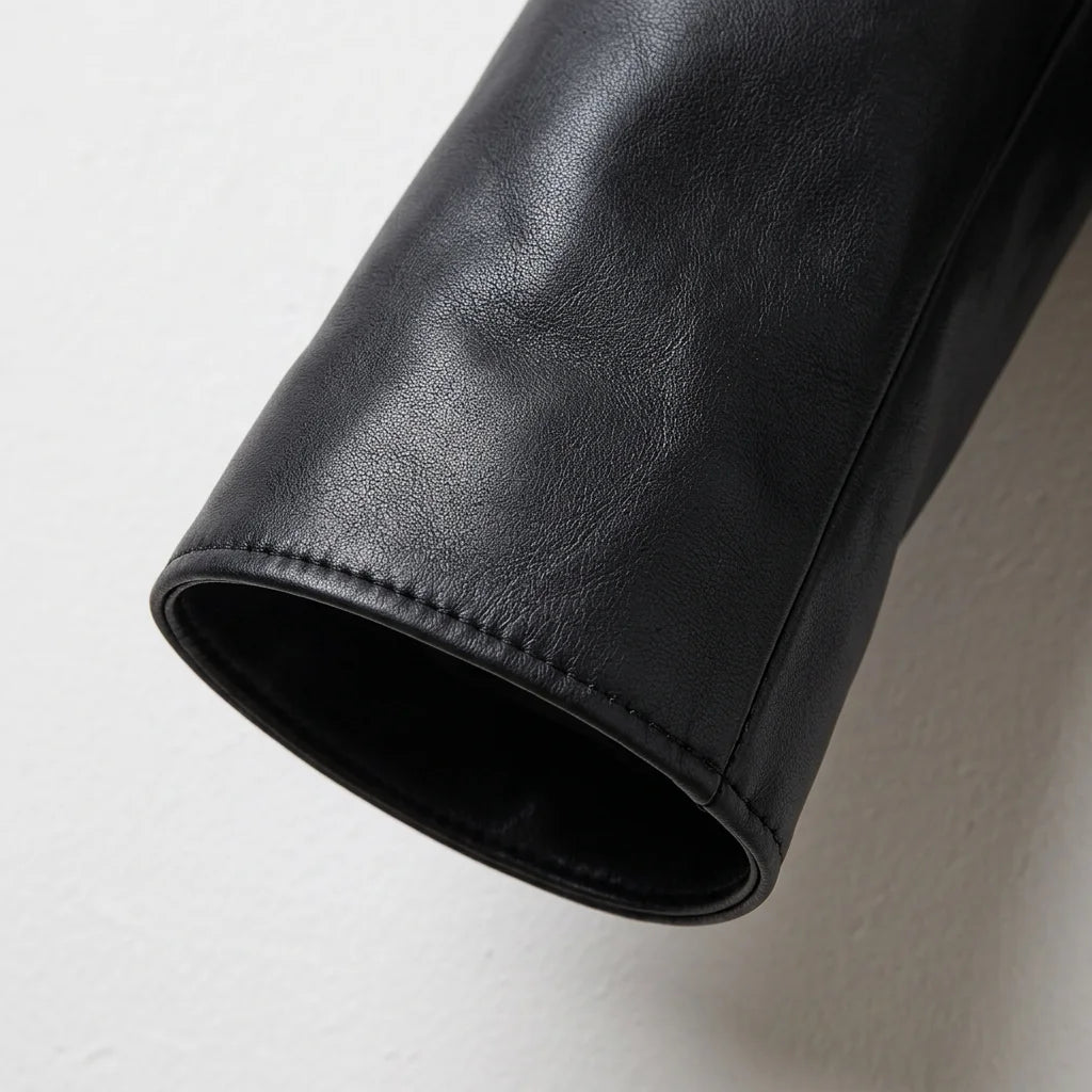 Detail of genuine black leather sleeve on women’s jacket