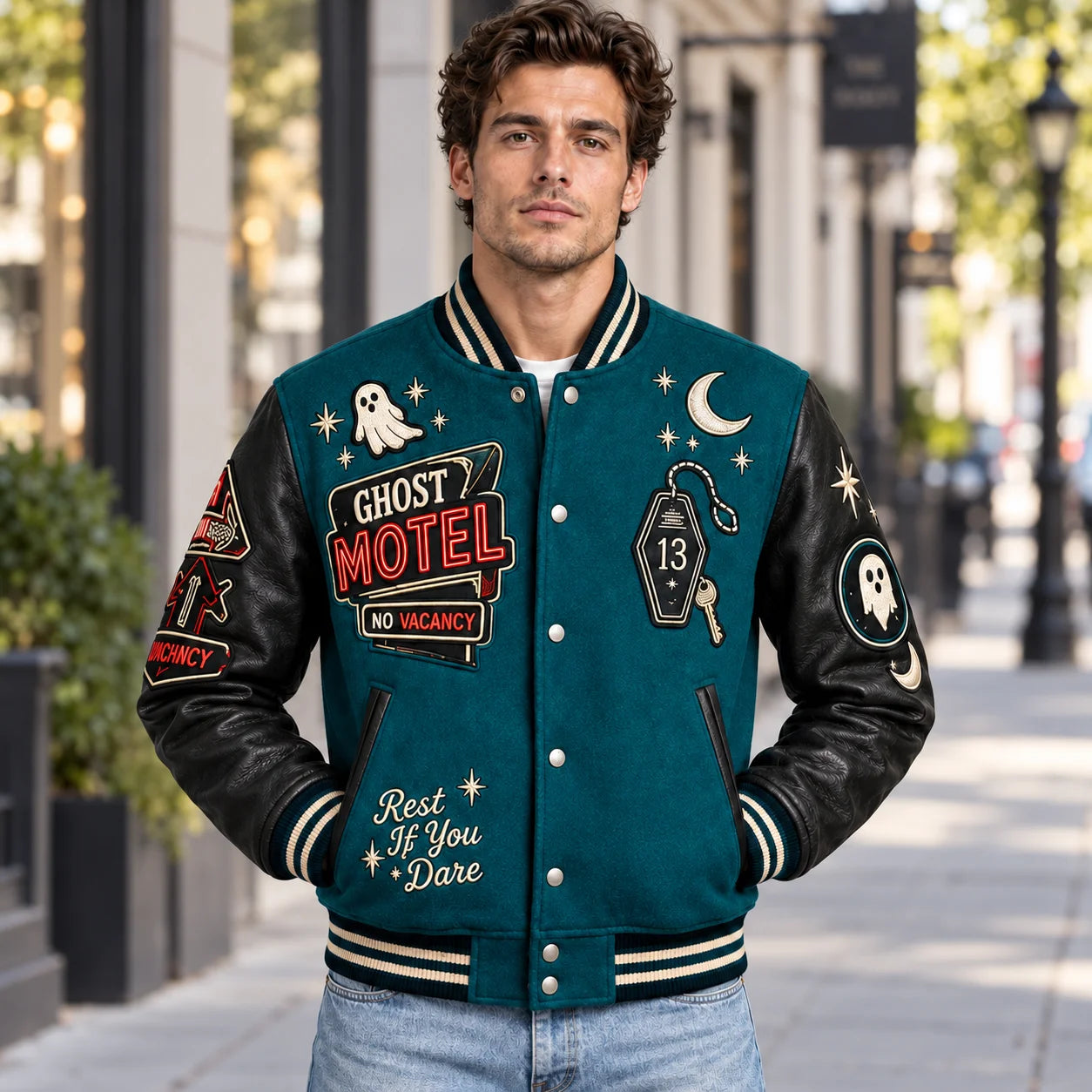 Model wearing teal Ghost Motel Halloween varsity jacket with black sleeves and embroidered ghost patches outdoors