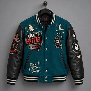 Front hanger view of Ghost Motel jacket featuring ghost, crescent moon, motel sign and room 13 embroidery