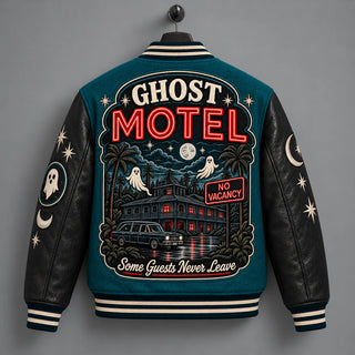 Back hanger view of Ghost Motel varsity jacket with haunted hotel scene, ghosts, car and red No Vacancy sign