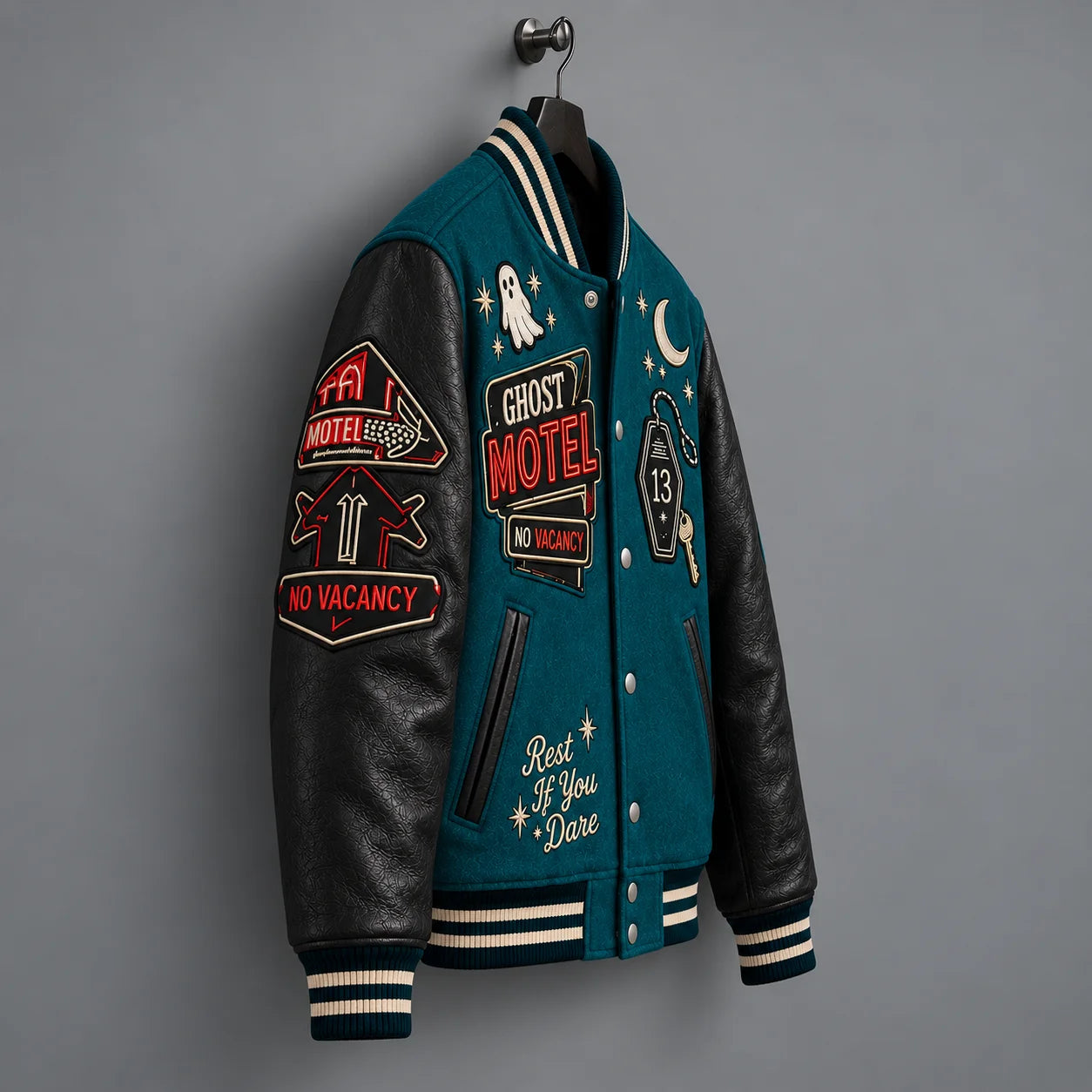 Side hanger view of teal Ghost Motel jacket highlighting black sleeve and embroidered motel direction patches