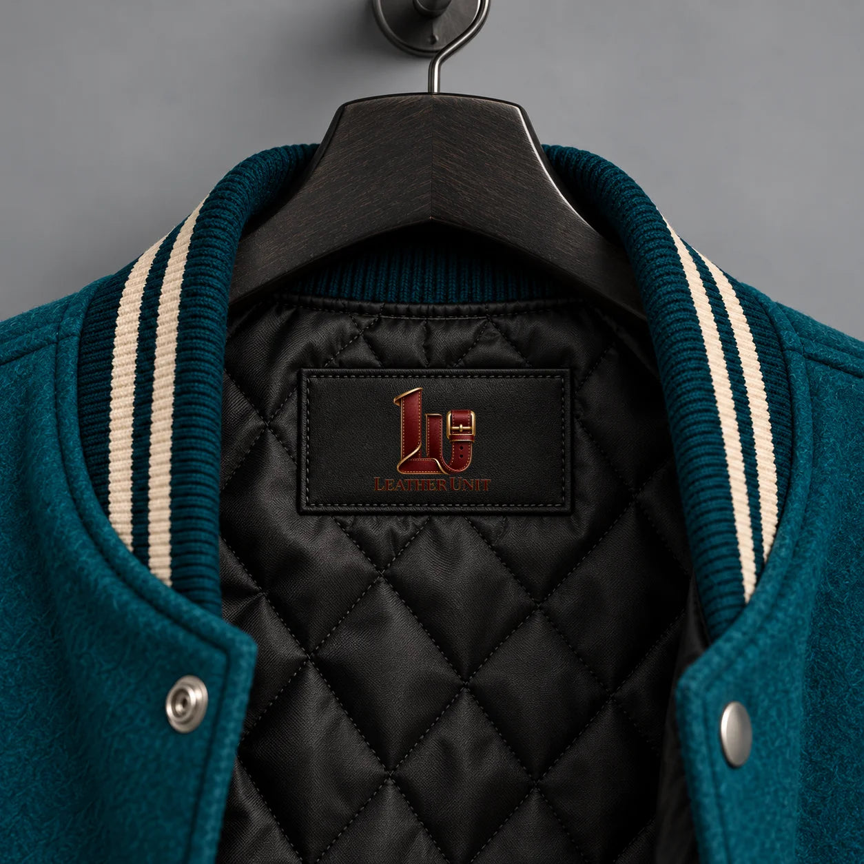 Close-up of black quilted lining, teal and cream striped rib collar and Leather Unit inner label