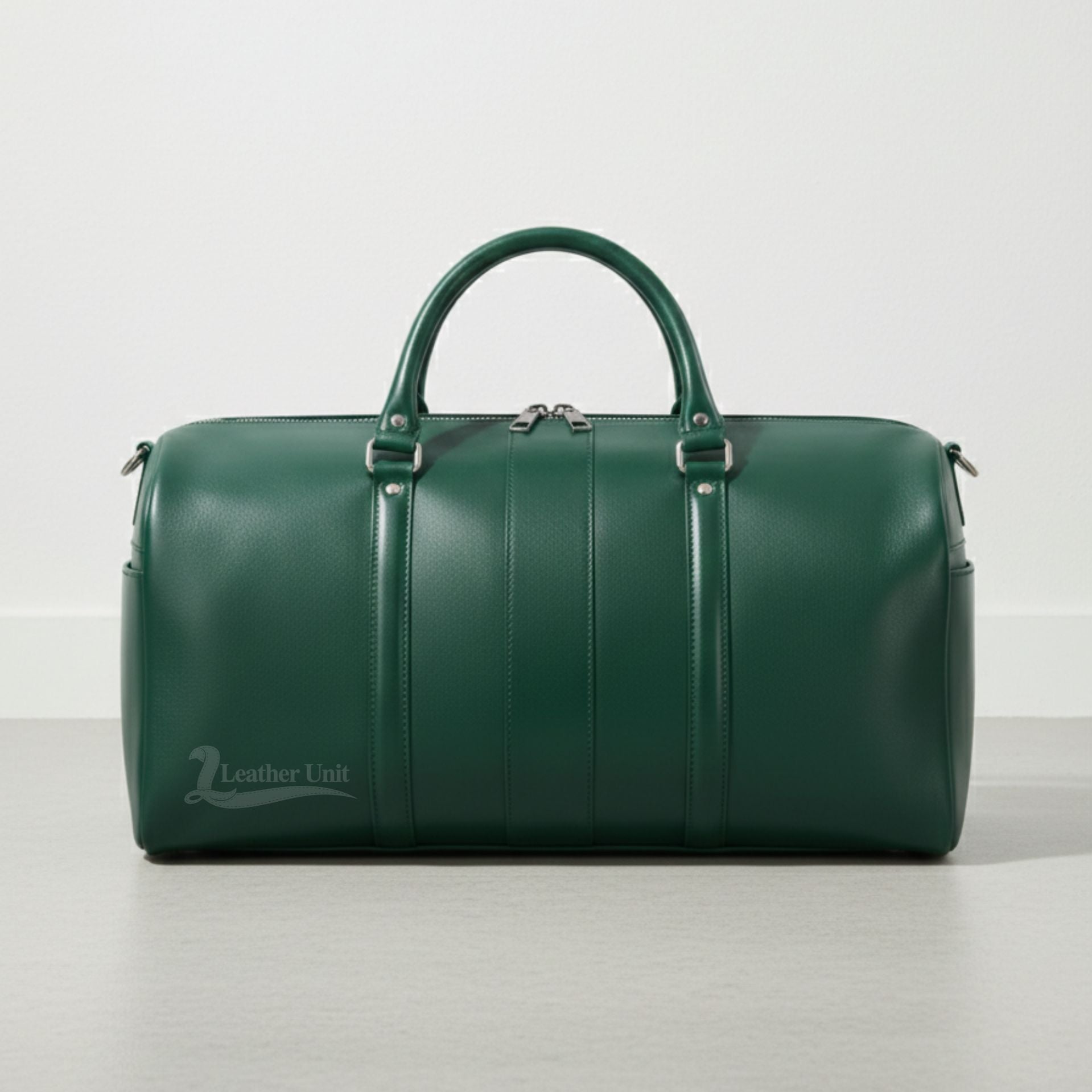 front view green genuine leather duffle bag with double handles by Leather Unit.
