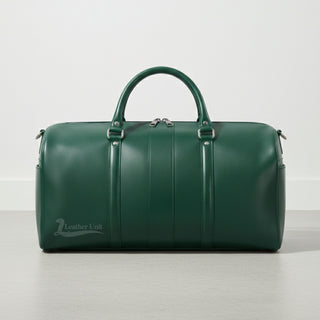 front view green genuine leather duffle bag with double handles by Leather Unit.