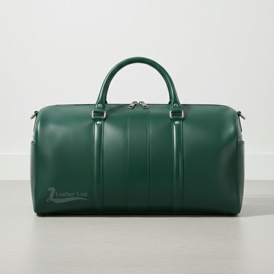 front view green genuine leather duffle bag with double handles by Leather Unit.