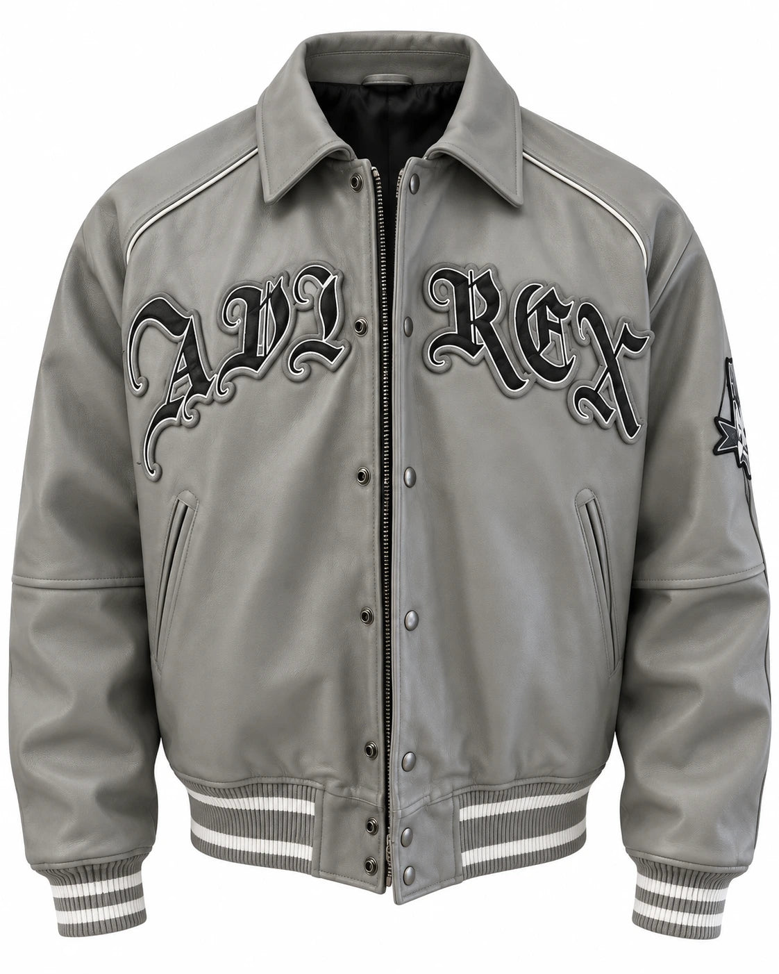Front view of grey leather graphic bomber jacket with gothic-style lettering, angled pockets and white shoulder piping