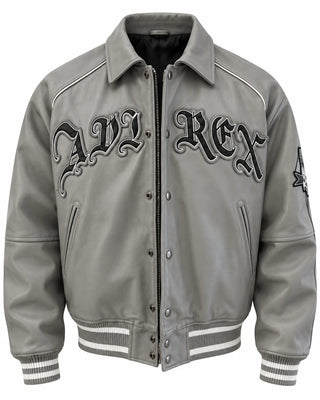 Front view of grey leather graphic bomber jacket with gothic-style lettering, angled pockets and white shoulder piping