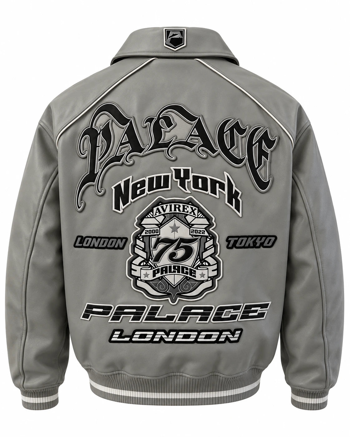 Full back view of grey leather bomber jacket with large graphic emblem, contrast piping and striped ribbed waistband