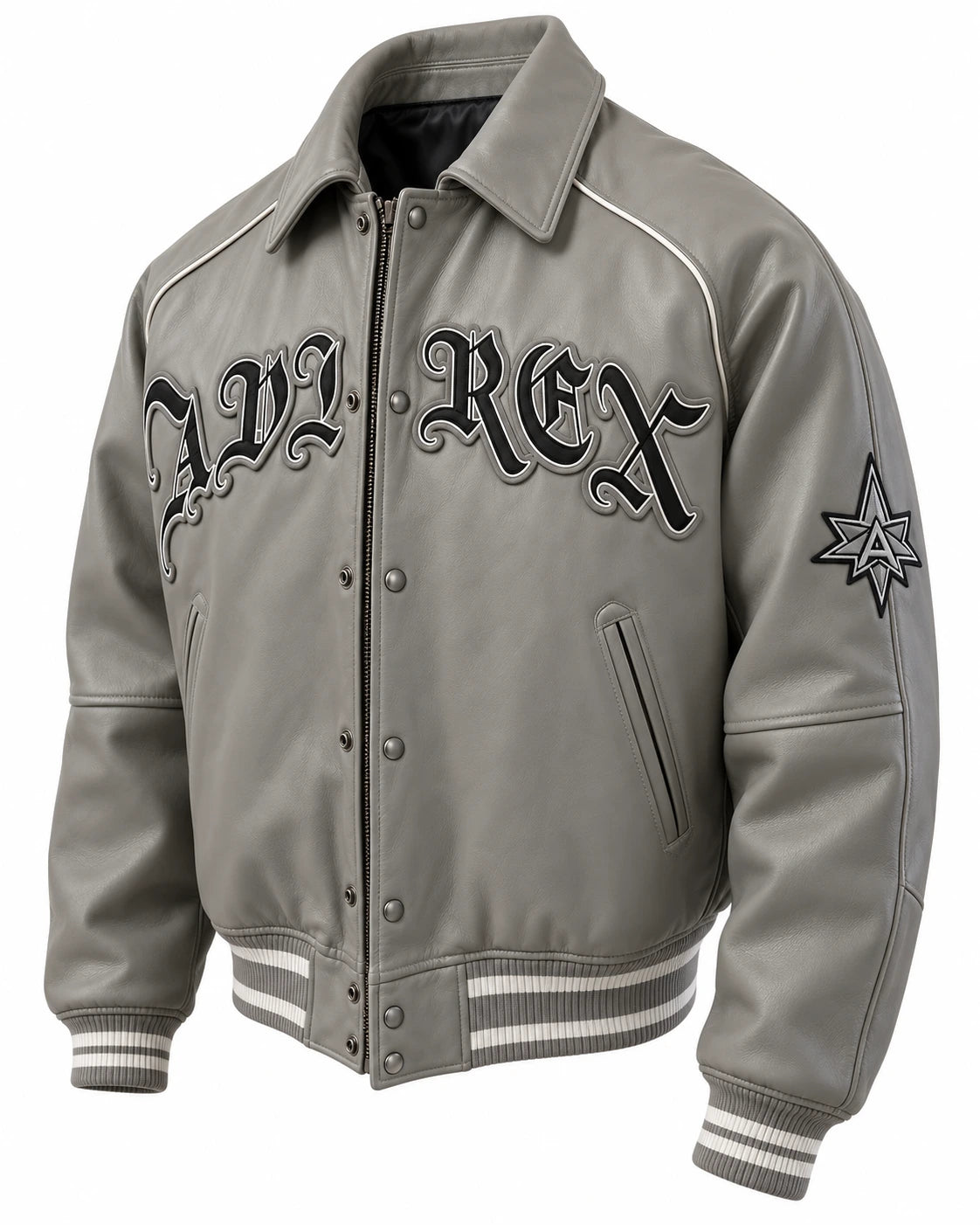 Angled grey leather varsity jacket with black chest lettering, zip and snap front, sleeve emblem and striped ribbed trims