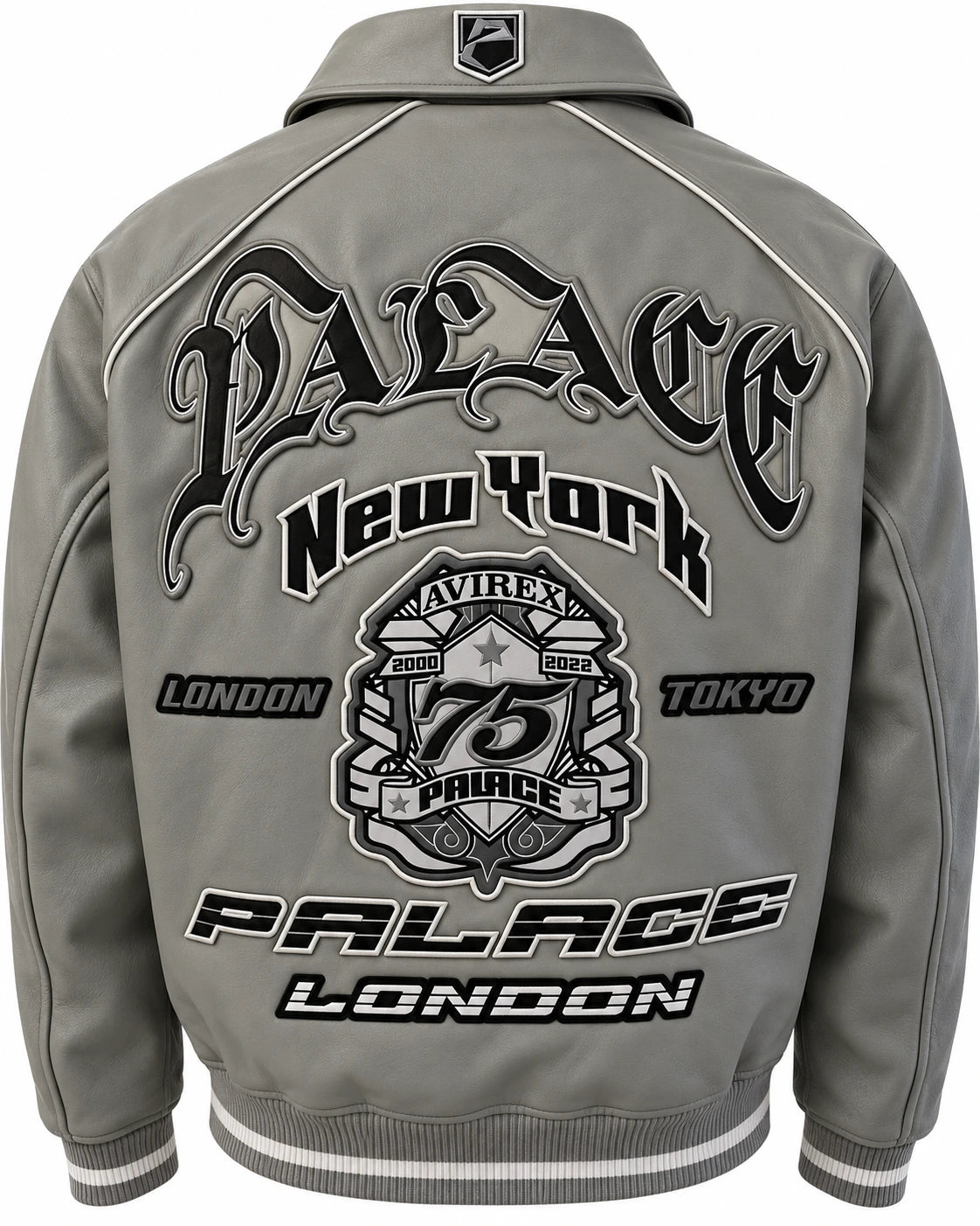 Grey leather varsity bomber jacket back with oversized black and white Palace New York London graphic lettering