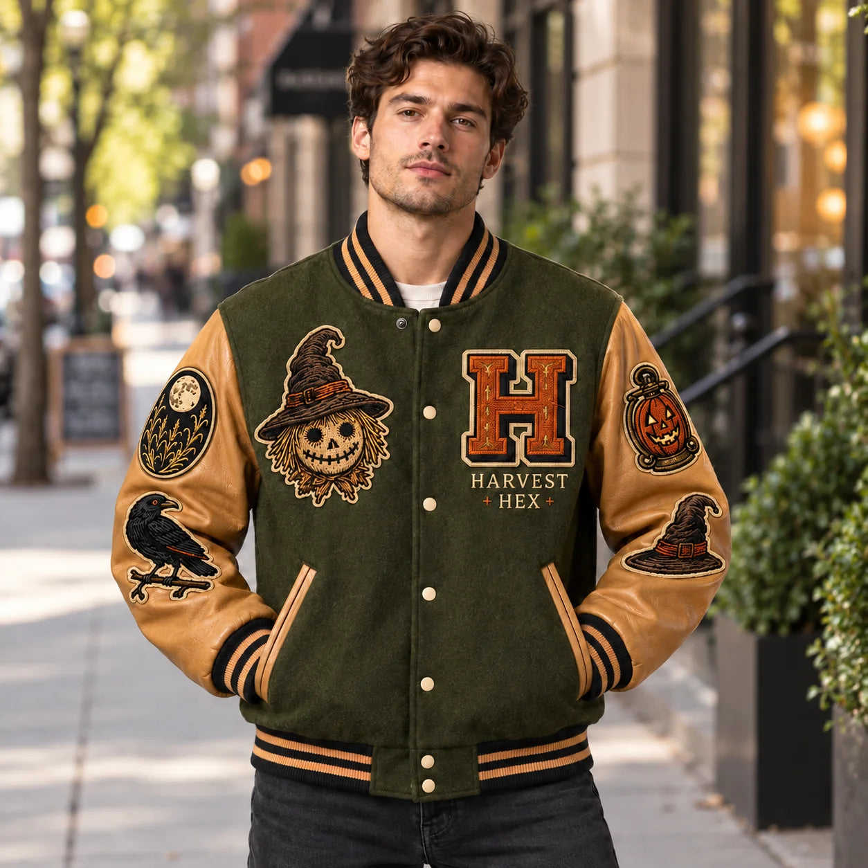 Model wearing olive Harvest Hex Halloween varsity jacket with tan leather sleeves and scarecrow embroidery on an urban street